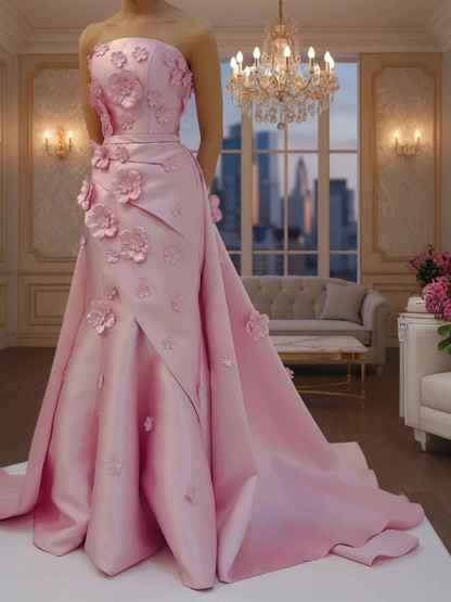 Pink A Line Satin Strapless Prom Dress with 3D Floral Appliques