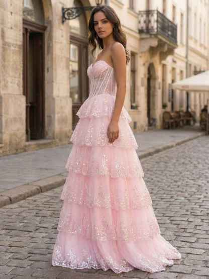 Pink A Line Strapless Sweetheart Tiered Lace Corset Prom Dress