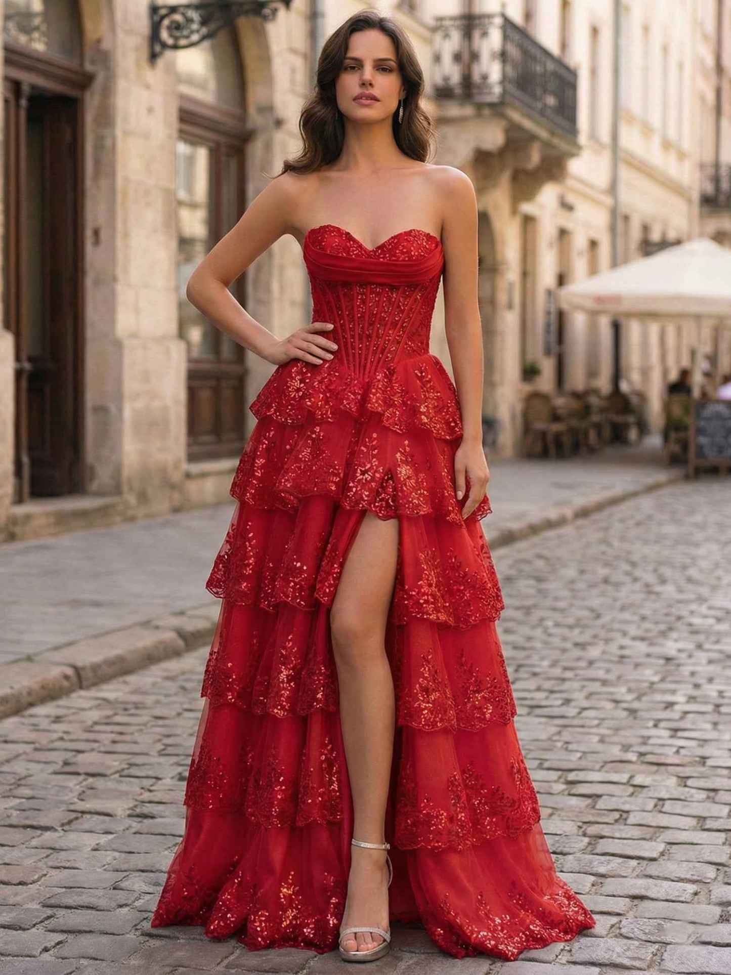 Pink A Line Strapless Sweetheart Tiered Lace Corset Prom Dress