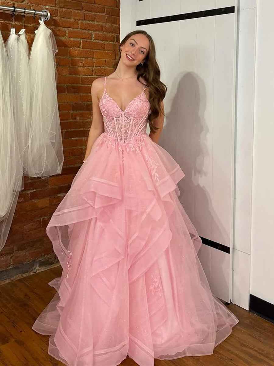 Pink A Line Tiered Tulle Long Prom Dress with Lace Applique|