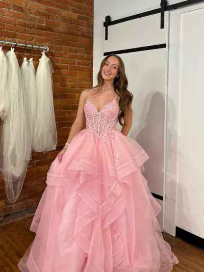 Pink A Line Tiered Tulle Long Prom Dress with Lace Applique|