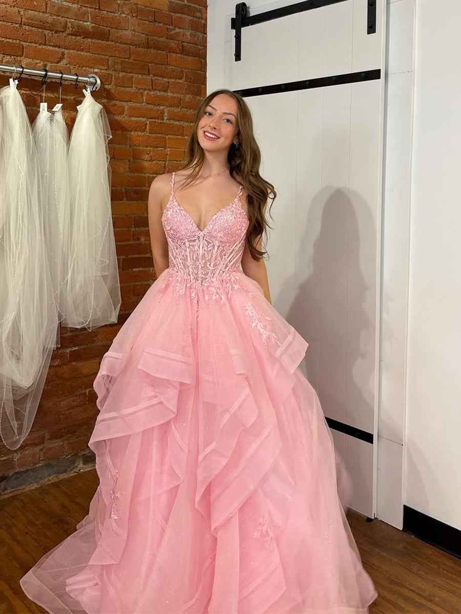 Pink A Line Tiered Tulle Long Prom Dress with Lace Applique|