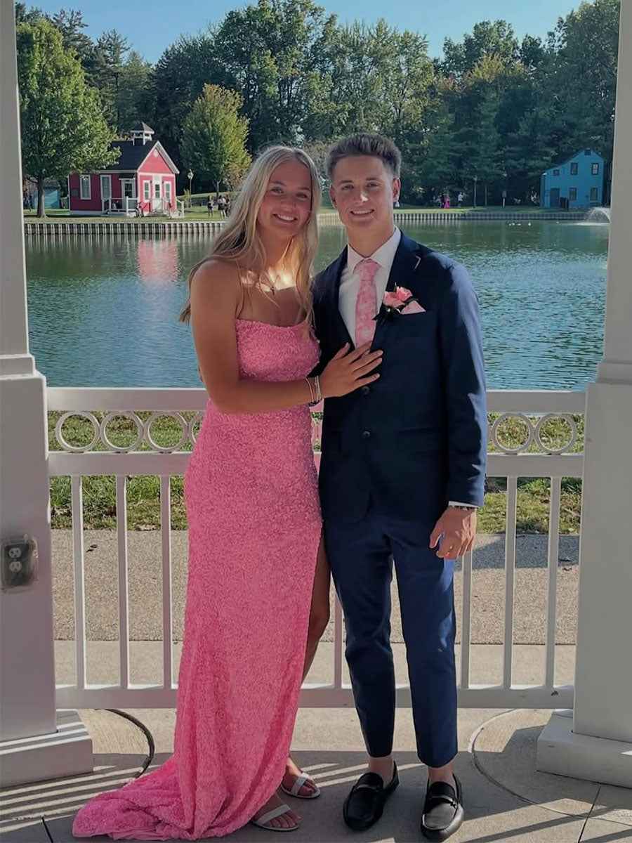 Pink All-over Sequin Sheath Long Prom Dress with Slit