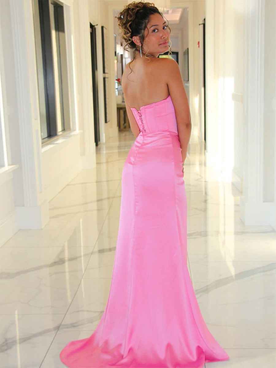 Pink Beaded Neck Pleated Mermaid Long Prom Dress with Slit