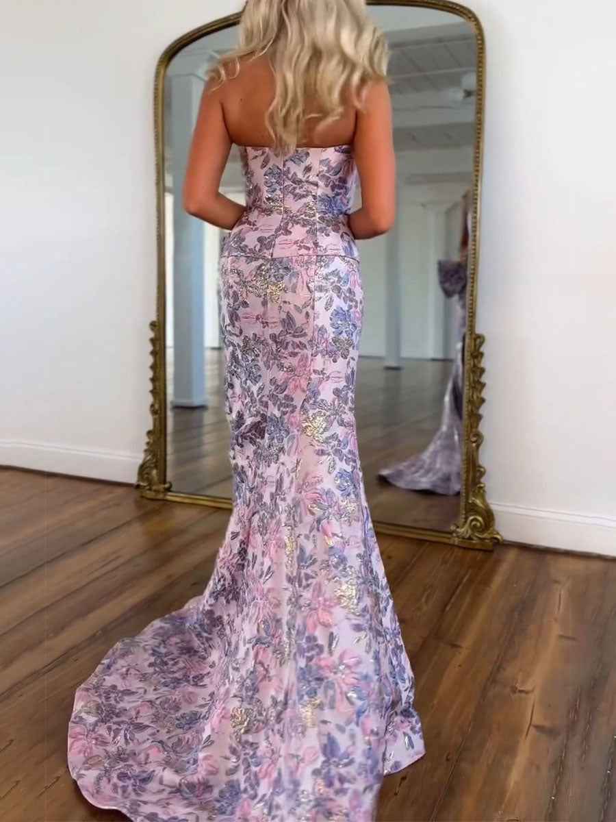 Pink Floral Brocade Metallic Accents Strapless Prom Dress with Waist Bow