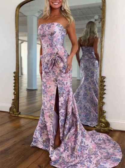 Pink Floral Brocade Metallic Accents Strapless Prom Dress with Waist Bow