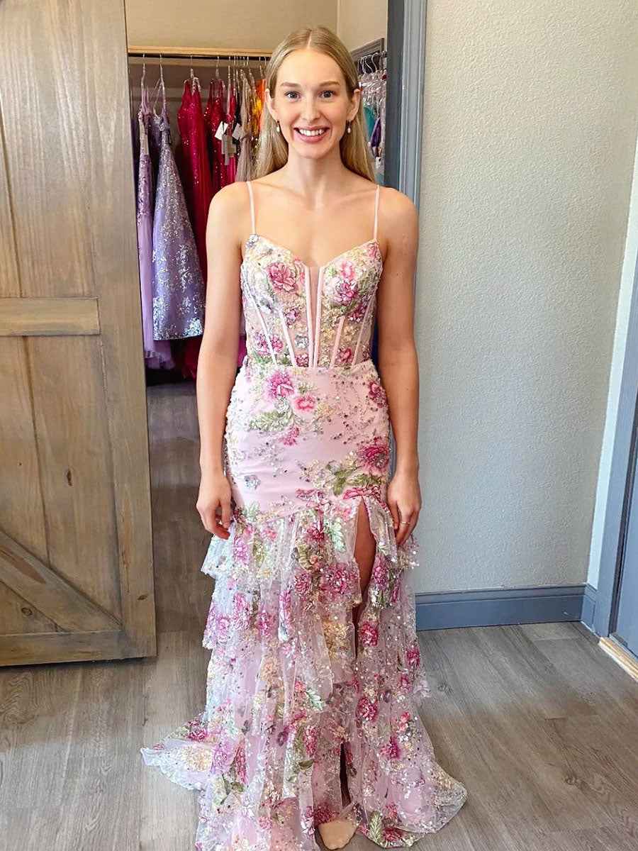 Pink Floral Embroidered Corset Prom Dress with Ruffled Tiers