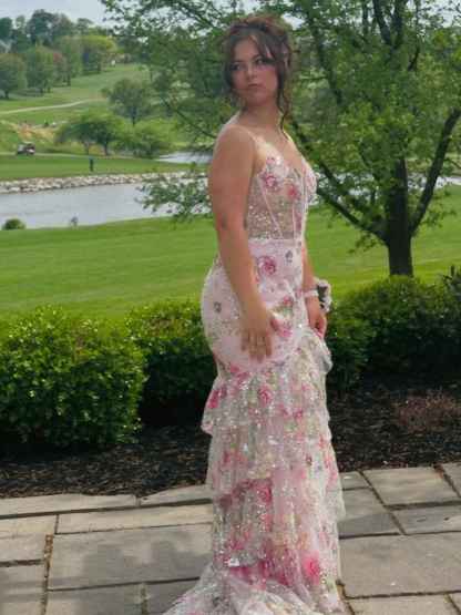 Pink Floral Embroidered Corset Prom Dress with Ruffled Tiers