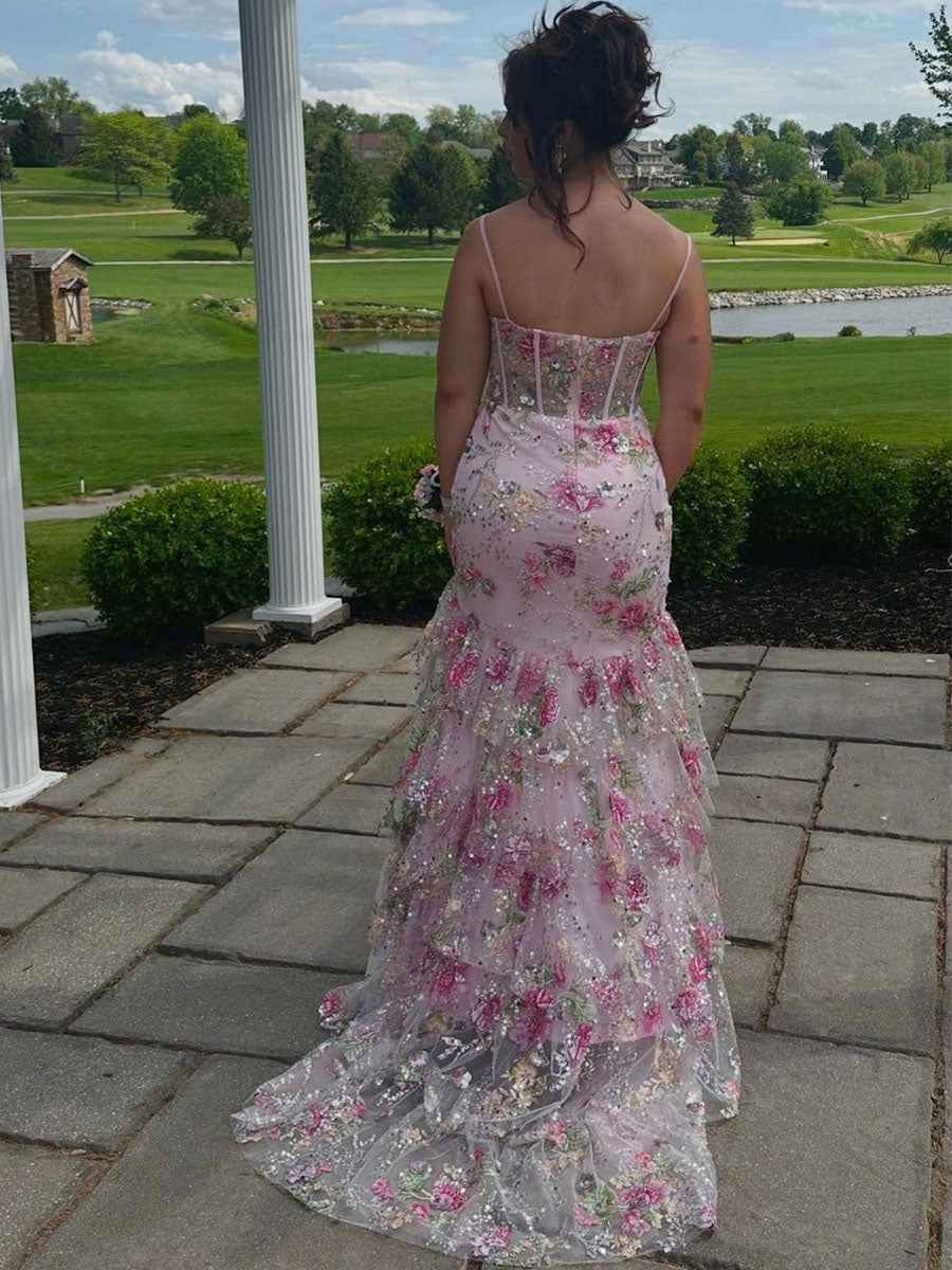 Pink Floral Embroidered Corset Prom Dress with Ruffled Tiers