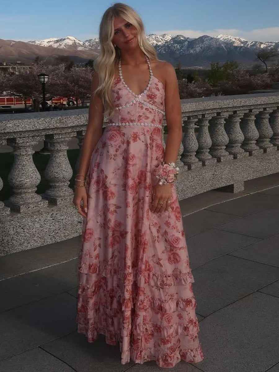 Pink Floral Halter Corset Ruffled Long Prom Dress with High Slit