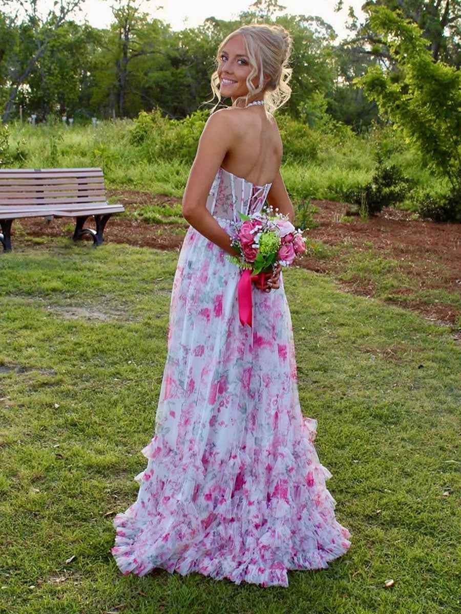 Pink Floral Halter Corset Ruffled Long Prom Dress with Slit