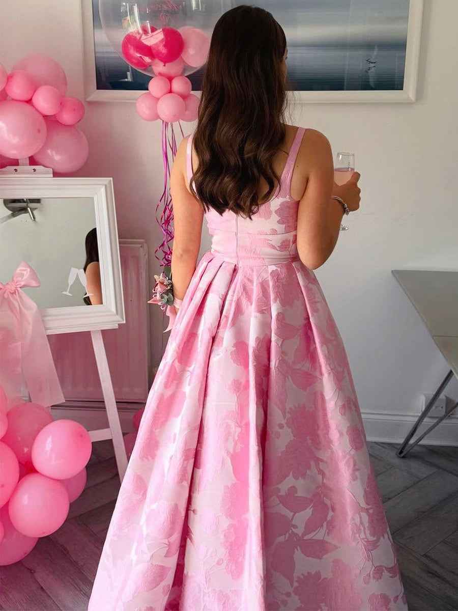 Pink Floral Jacquard Square Neck A-Line Prom Dress