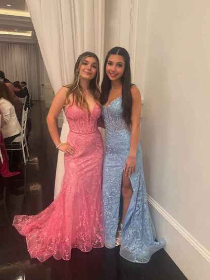 Pink Floral Lace Corset Bodice Mermaid Prom Dress with Plunging V-Neck