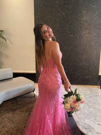 Pink Floral Lace Corset Bodice Mermaid Prom Dress with Plunging V-Neck