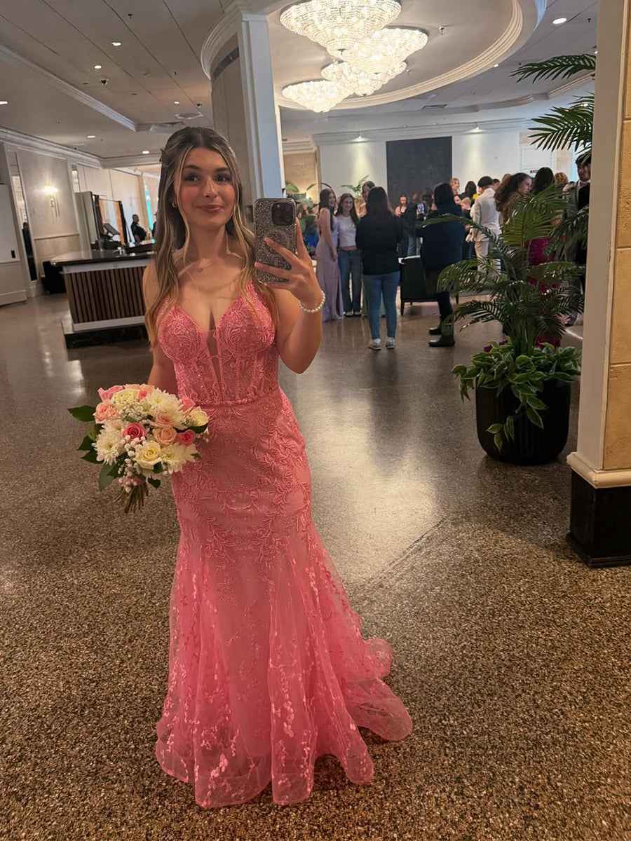 Pink Floral Lace Corset Bodice Mermaid Prom Dress with Plunging V-Neck