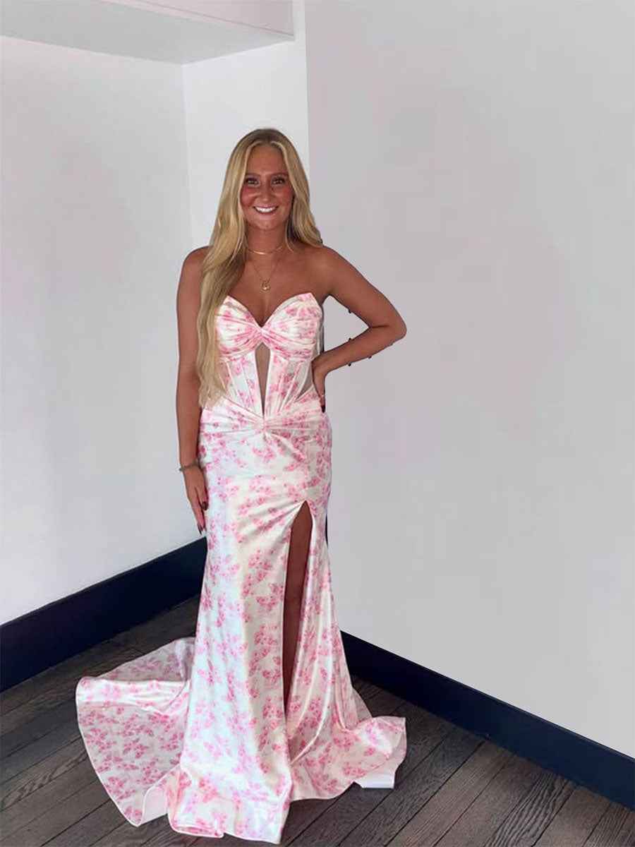 Pink Floral Print Satin Strapless Corset Prom Dress with High Slit