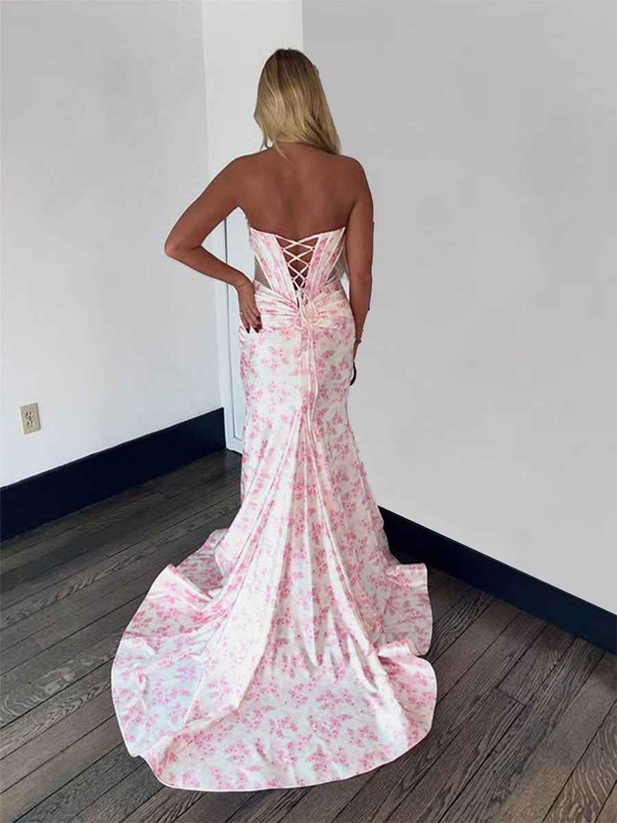 Pink Floral Print Satin Strapless Corset Prom Dress with High Slit