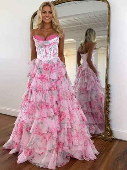 Pink Floral Ruffled Tiered Corset Long Prom Dress with Slit