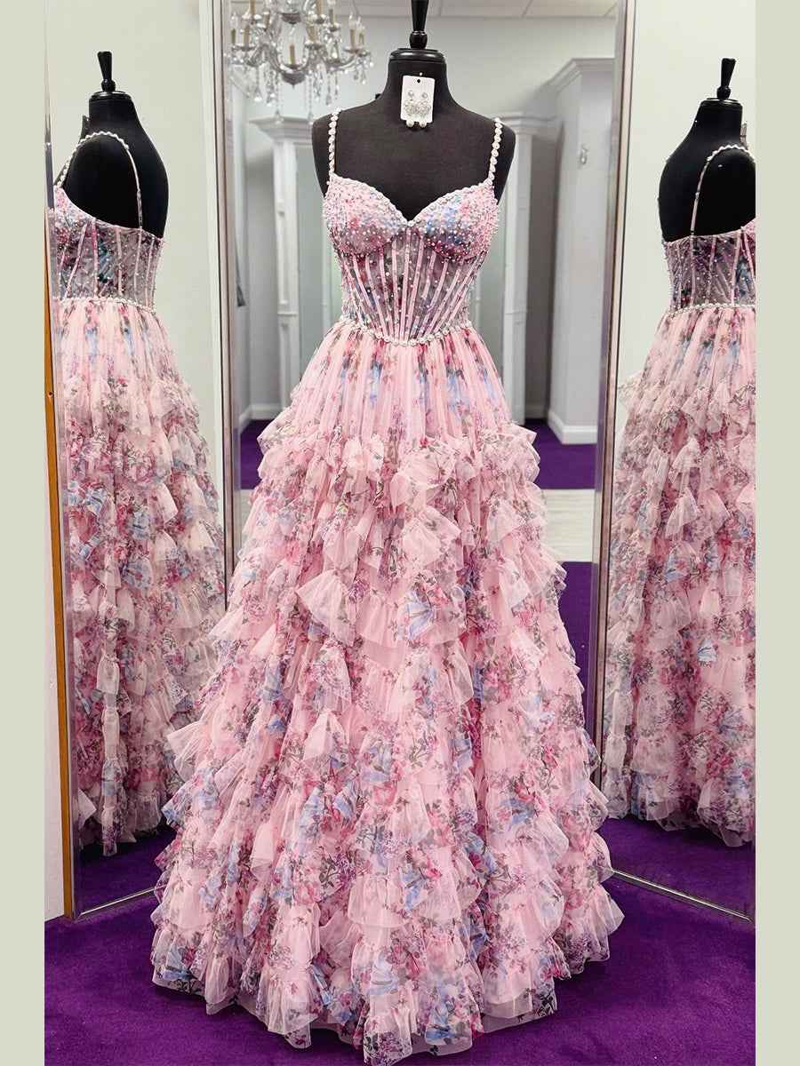 Pink Floral Ruffled Tulle Corset Prom Dress with Pearl Accents