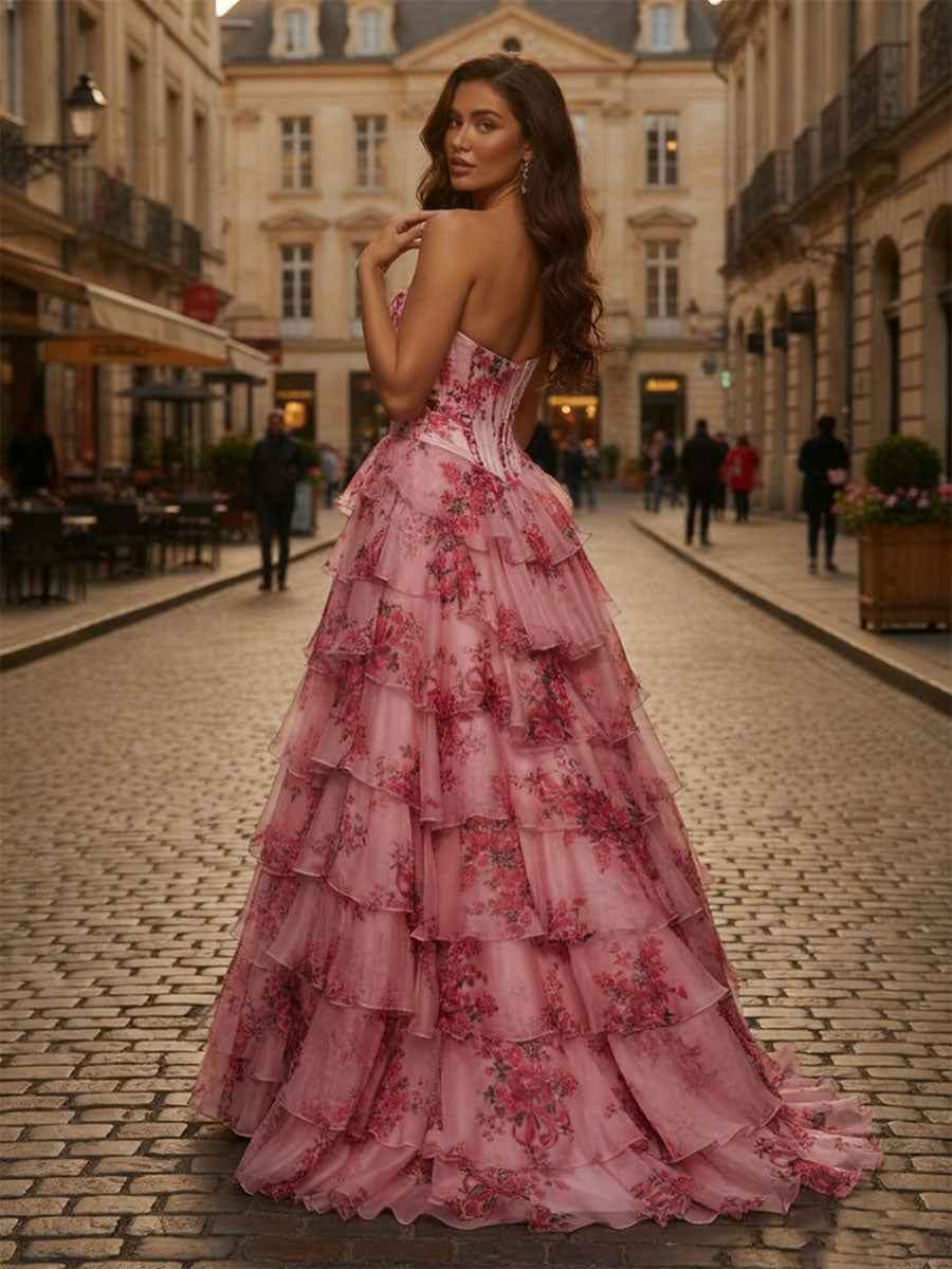 Pink Floral Strapless Chiffon Ruffle Corset Prom Dress with Slit