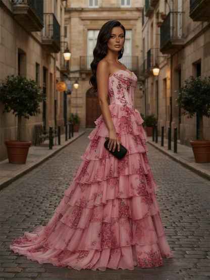 Pink Floral Strapless Chiffon Ruffle Corset Prom Dress with Slit