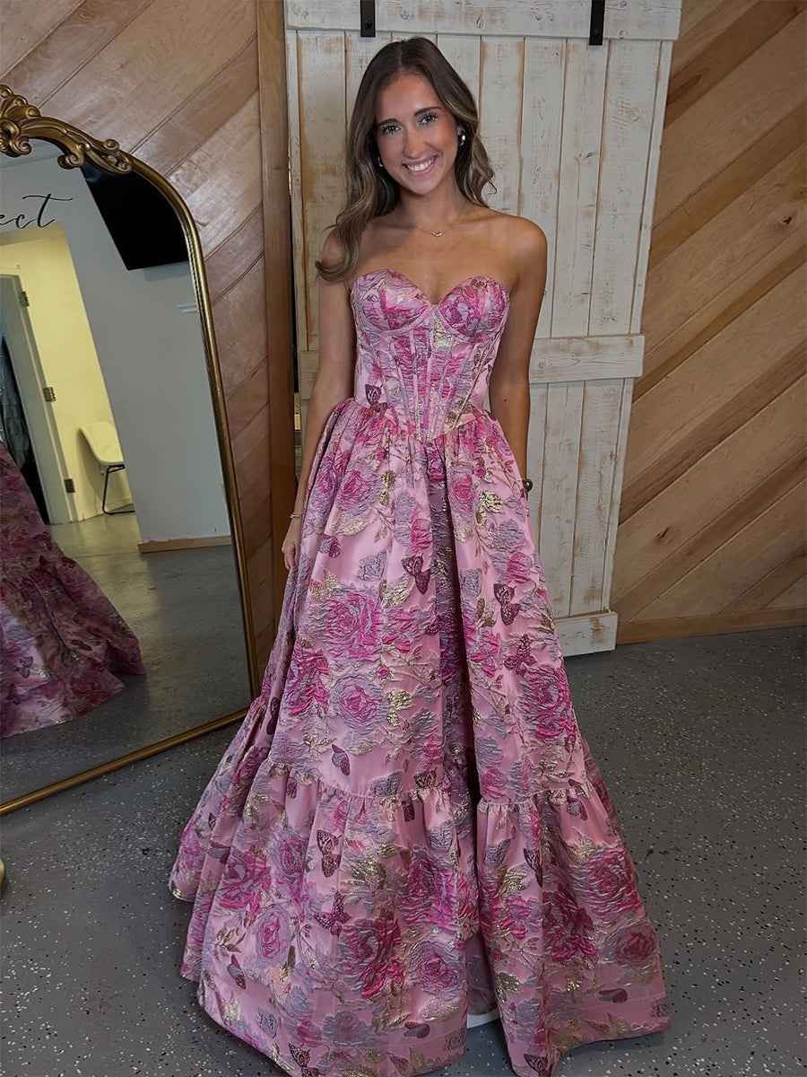 Pink Floral Strapless Jacquard Corset A-Line Prom Dress