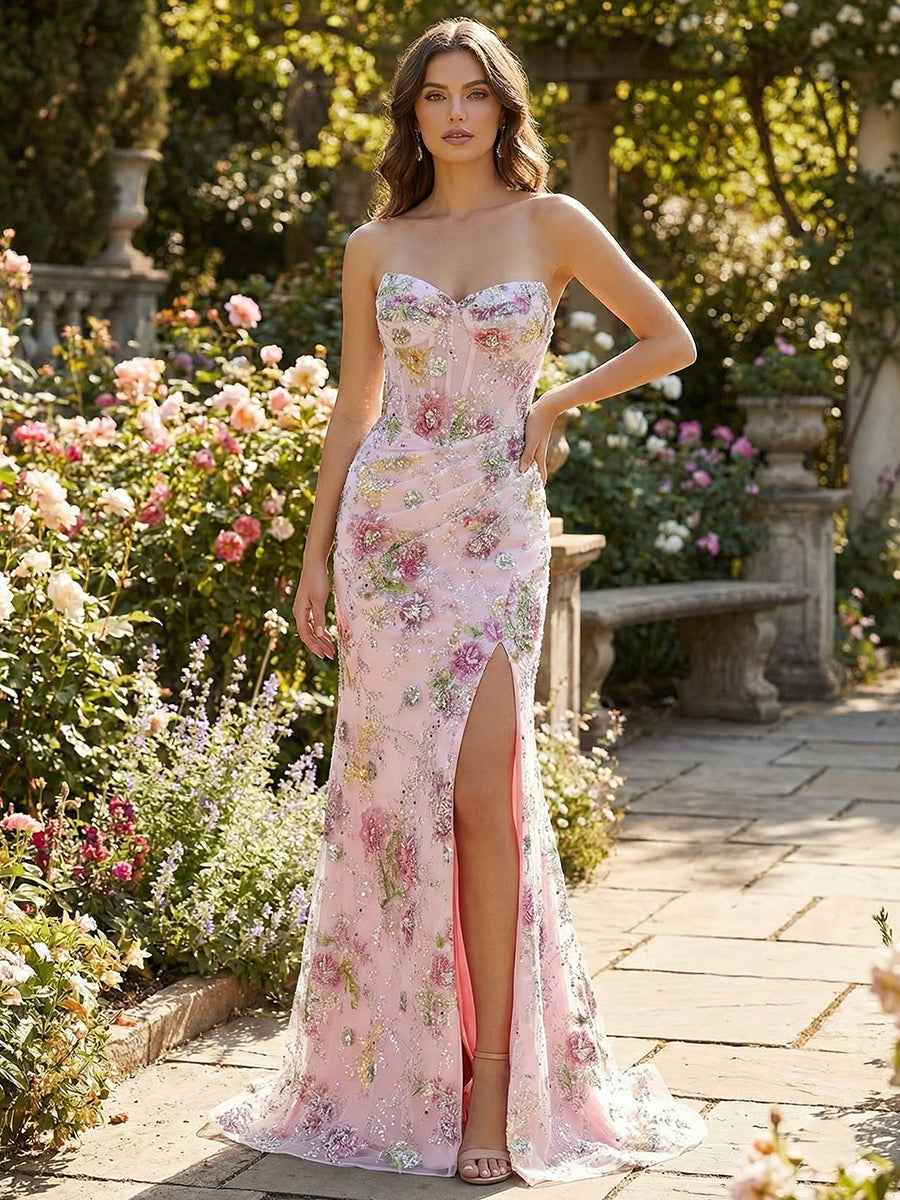 Pink Floral Strapless Sequin Corset Prom Dress with Slit