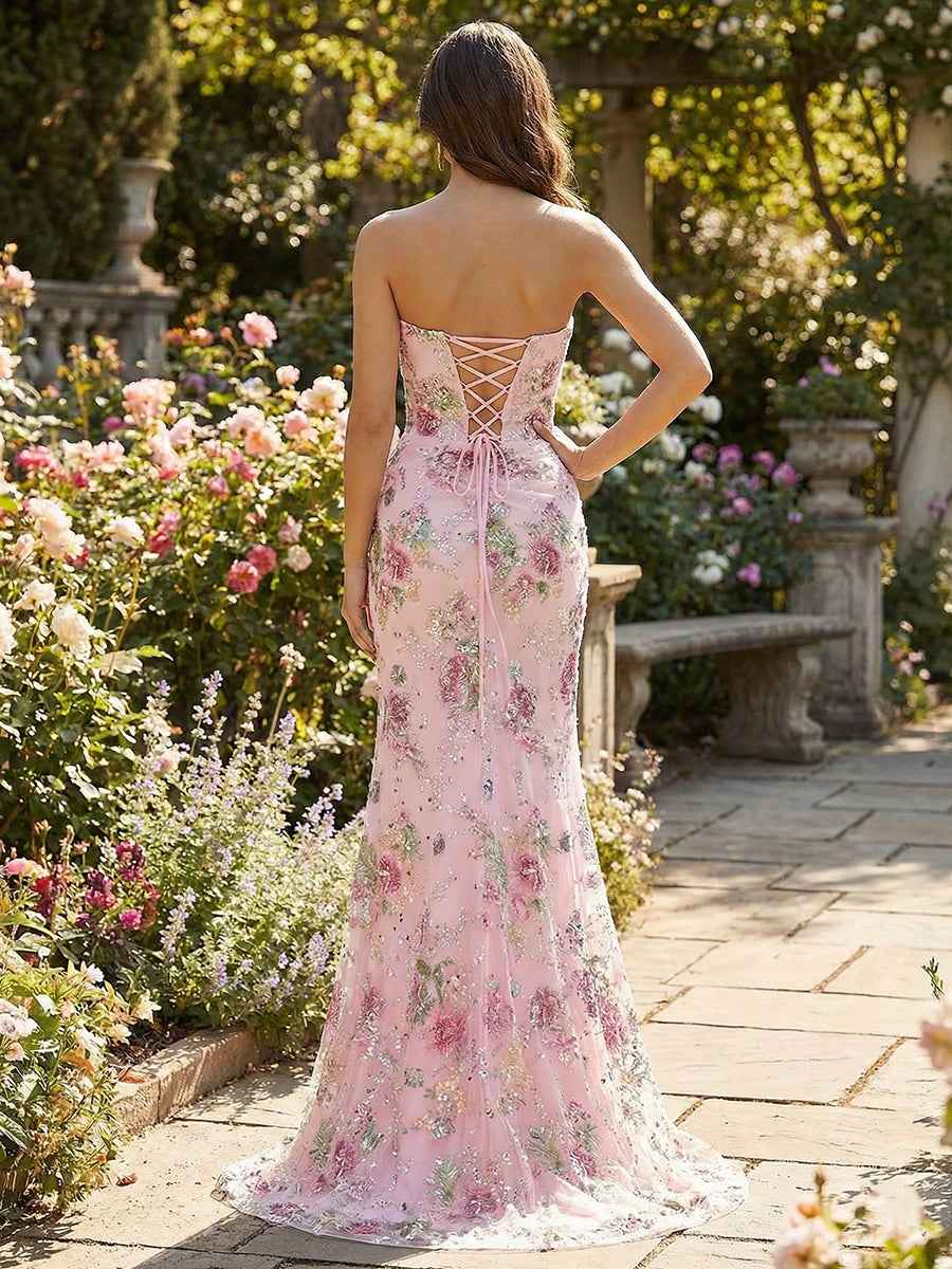 Pink Floral Strapless Sequin Corset Prom Dress with Slit