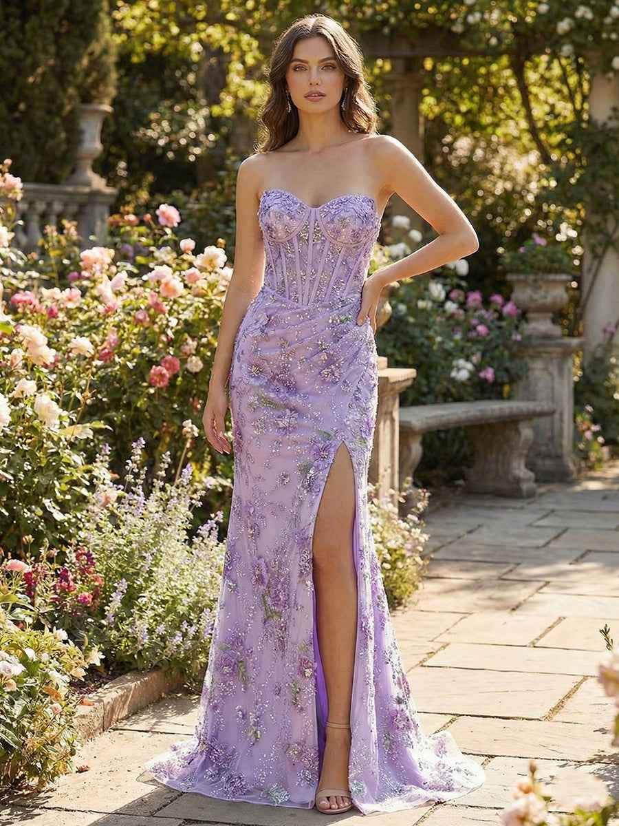 Pink Floral Strapless Sequin Corset Prom Dress with Slit