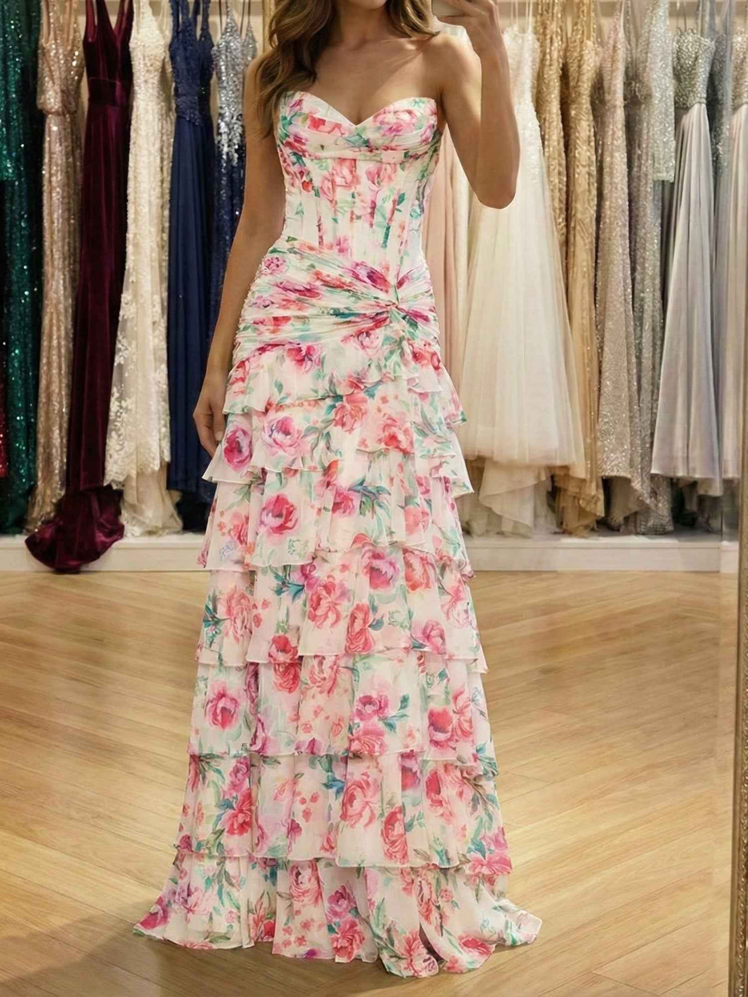 Pink Floral Strapless Sweetheart Tiered Ruffle Corset Prom Dress