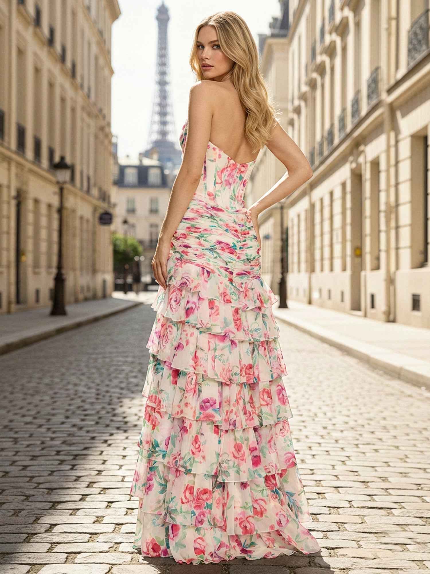 Pink Floral Strapless Sweetheart Tiered Ruffle Corset Prom Dress