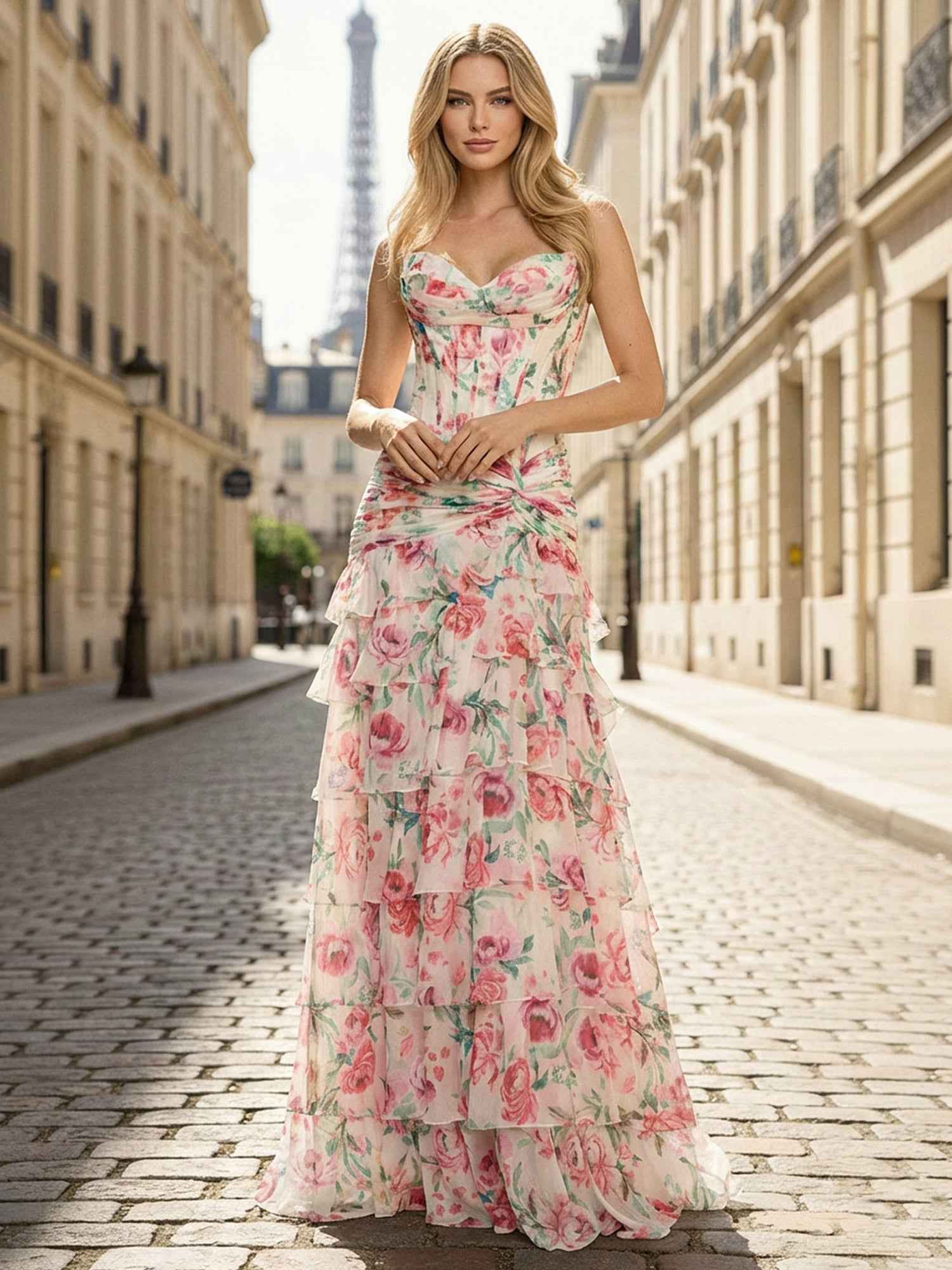 Pink Floral Strapless Sweetheart Tiered Ruffle Corset Prom Dress
