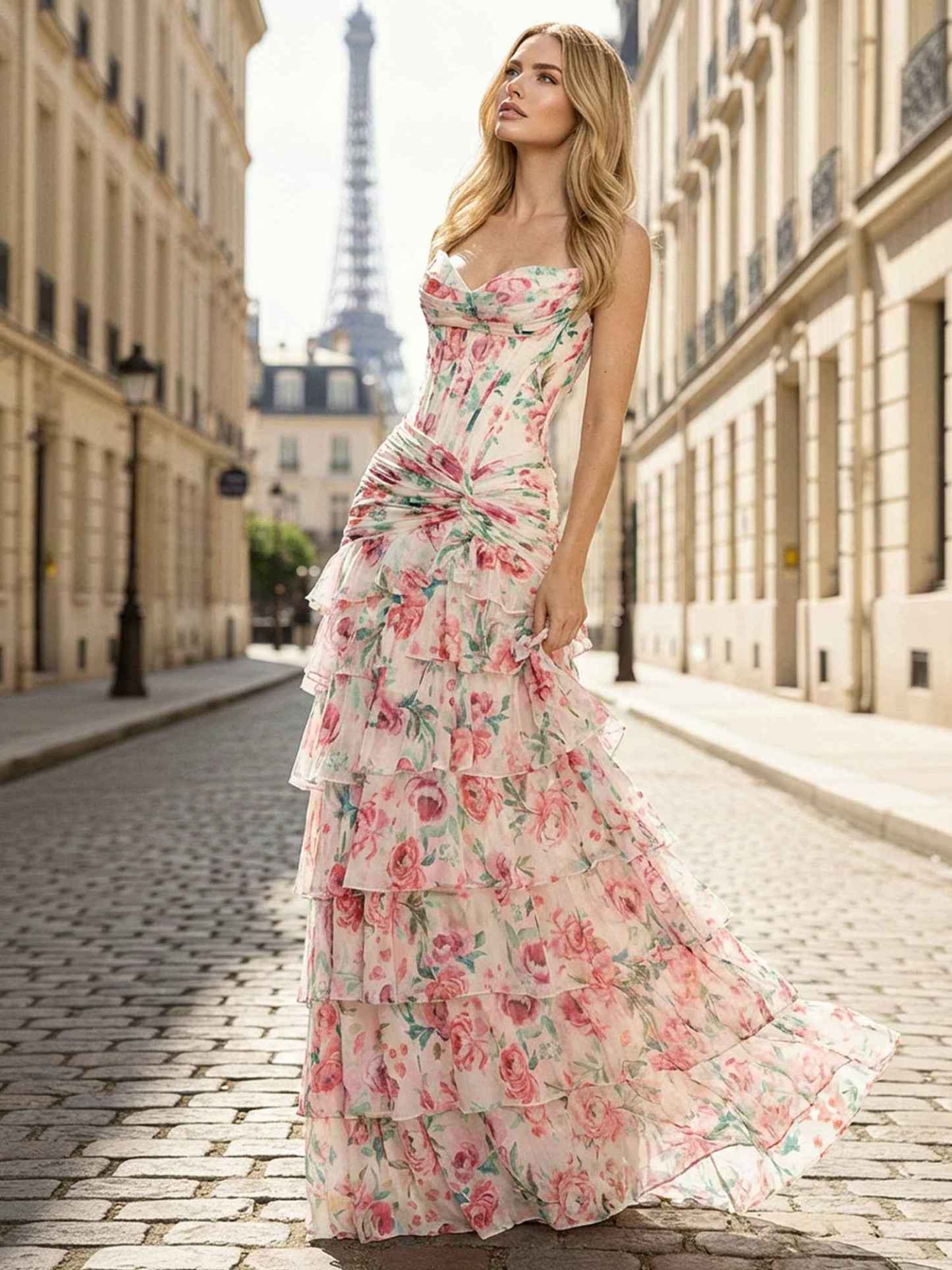 Pink Floral Strapless Sweetheart Tiered Ruffle Corset Prom Dress