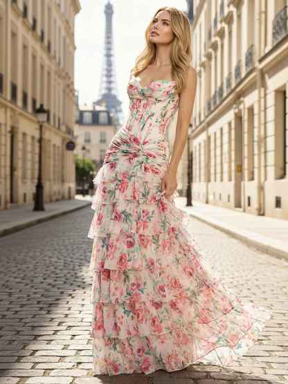Pink Floral Strapless Sweetheart Tiered Ruffle Corset Prom Dress