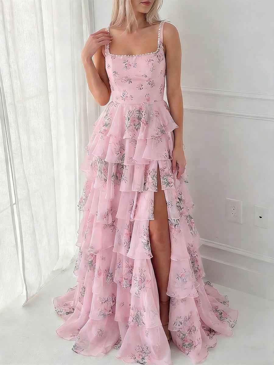 Pink Floral Tiered Ruffle Prom Dress with Pearl Straps
