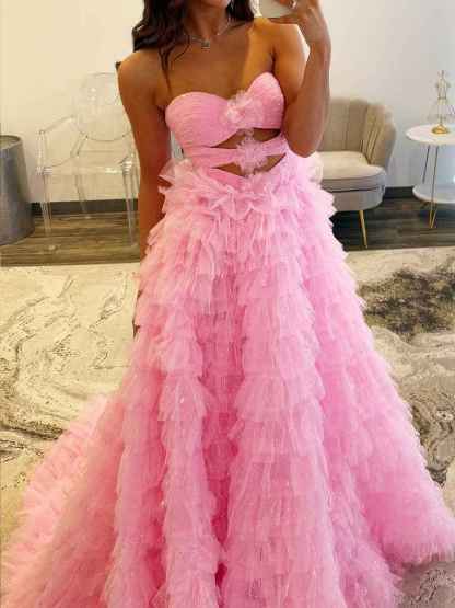 Pink Glitter Tulle Ruffled Prom Dress with Cutout Details