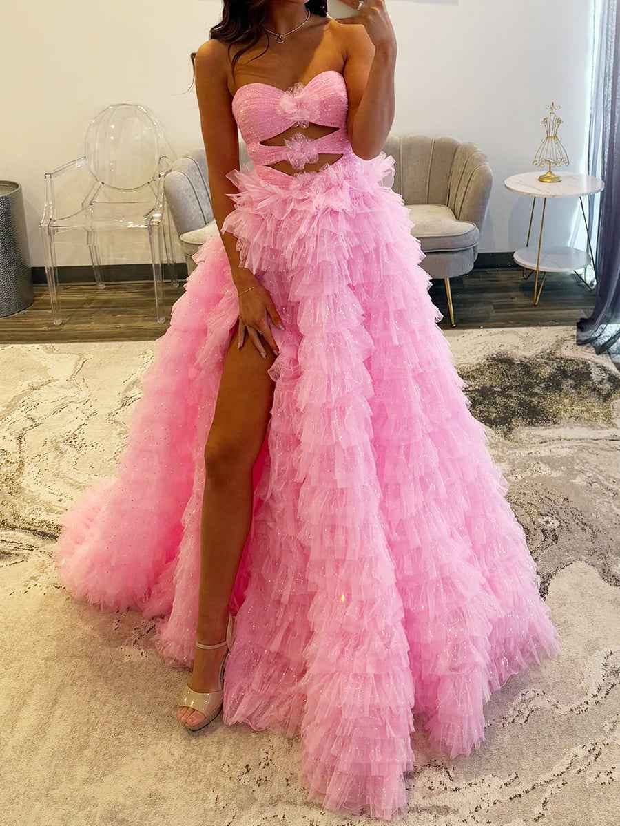 Pink Glitter Tulle Ruffled Prom Dress with Cutout Details