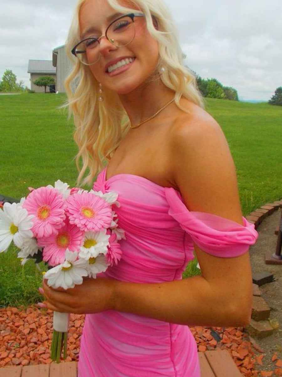 Pink Mermaid Off-Shoulder Sweetheart Pleats Long Prom Dress