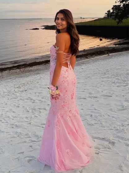 Pink Mermaid Sweetheart Beaded Flower Prom Dress