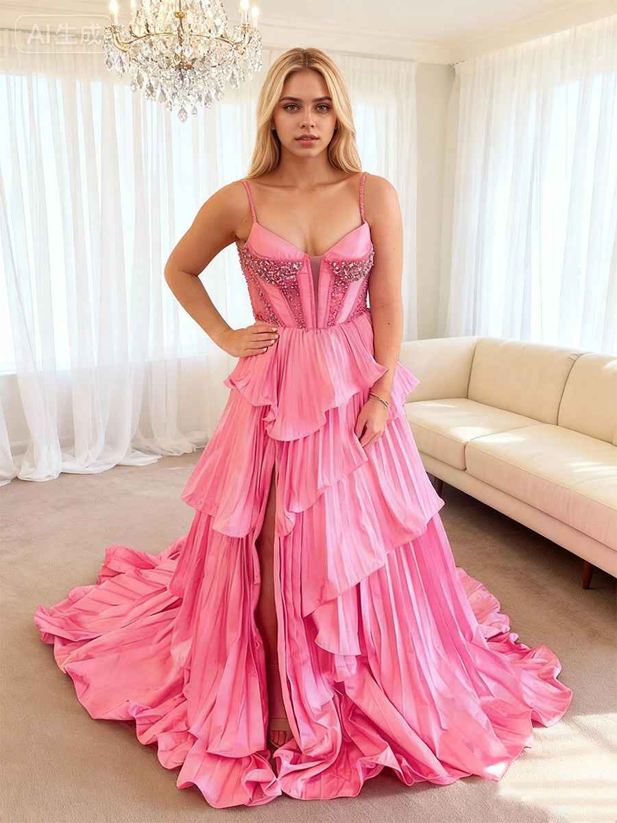 Pink Pleated Ruffle Beaded Corset Bodice Prom Dress with Slit