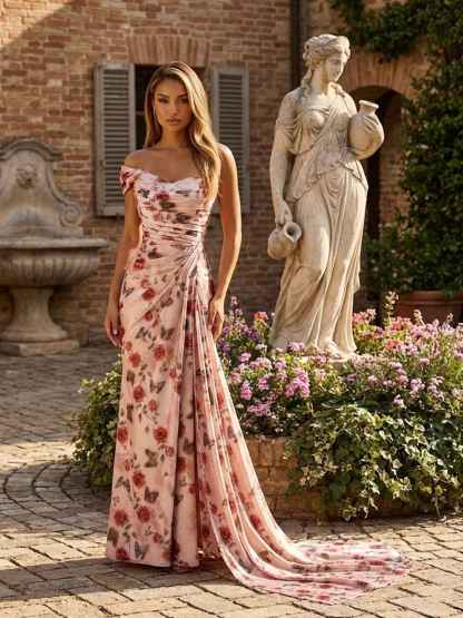 Pink Rose Print One Shoulder Draped Satin Long Prom Dress with Slit