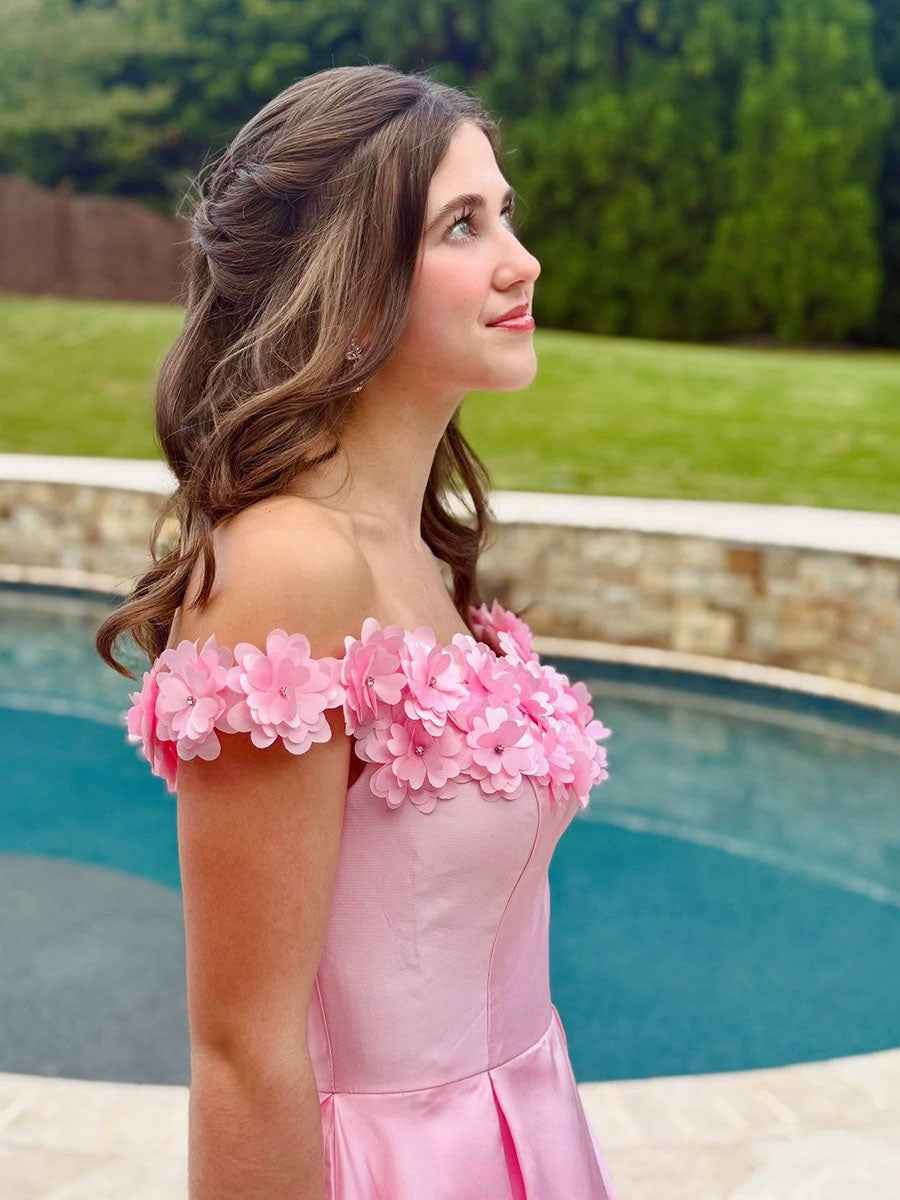 Pink Satin Off-the-Shoulder Prom Dress with 3D Floral Applique| Neckline