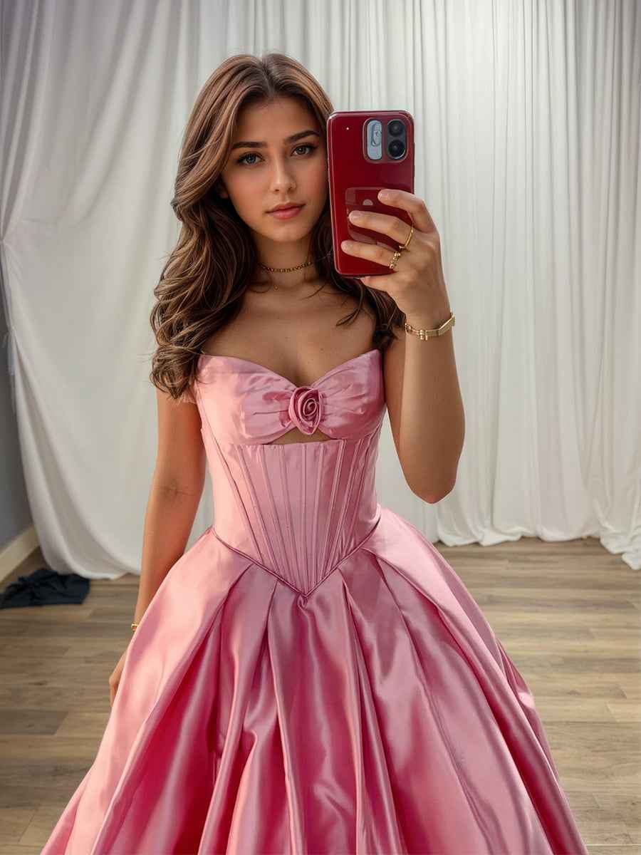 Pink Satin Strapless Long Corset Prom Dress with Rosette