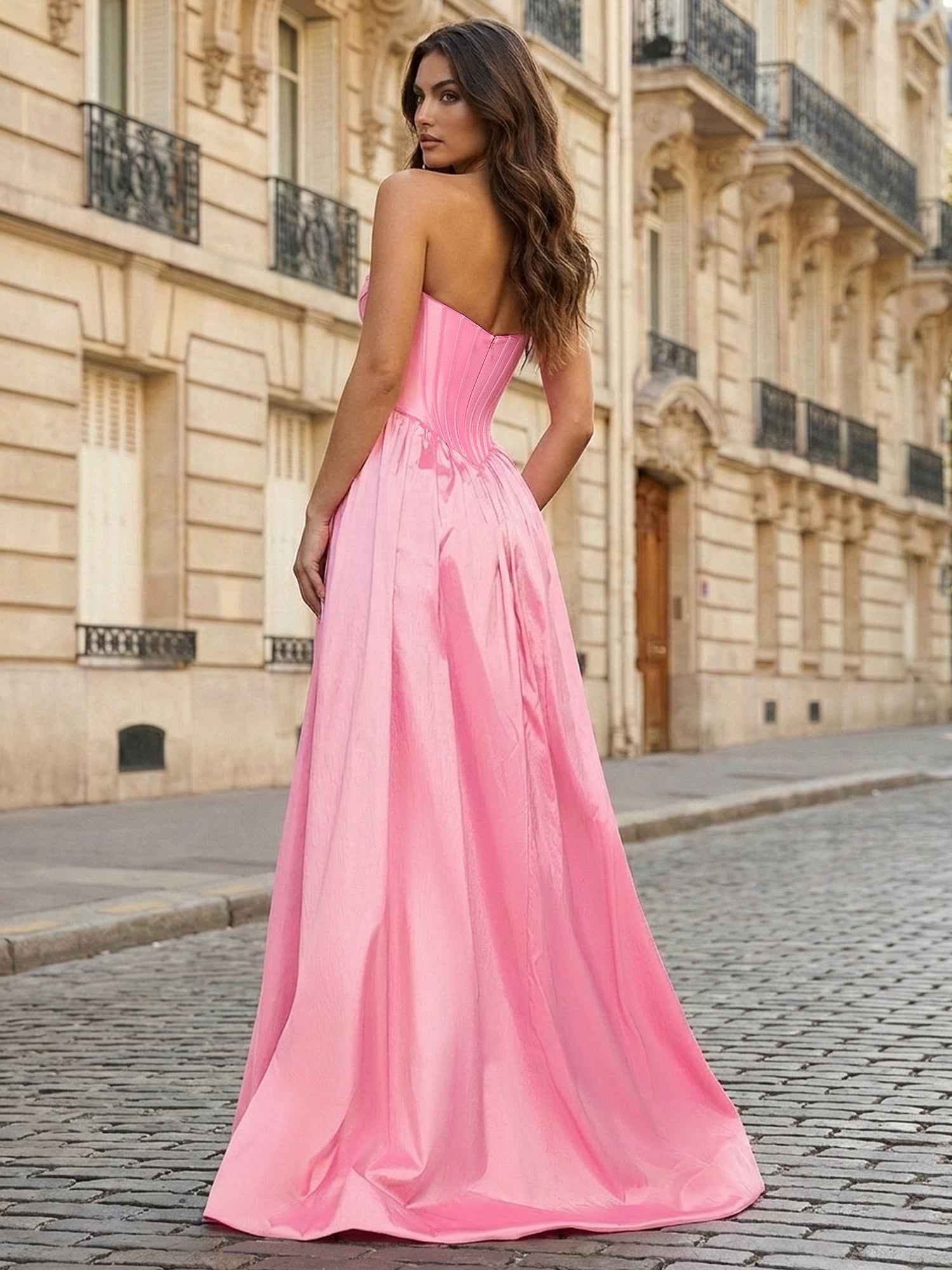 Pink Satin Strapless Long Corset Prom Dress with Slit