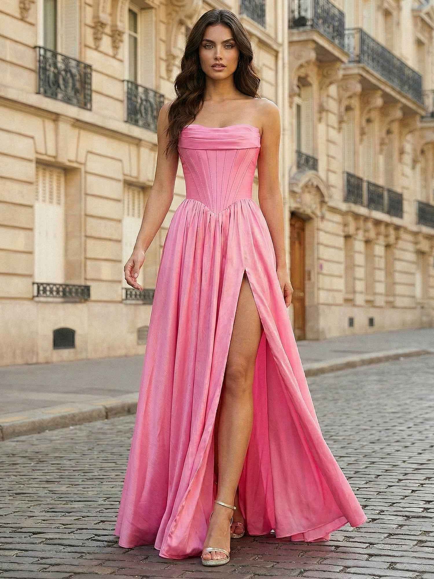 Pink Satin Strapless Long Corset Prom Dress with Slit