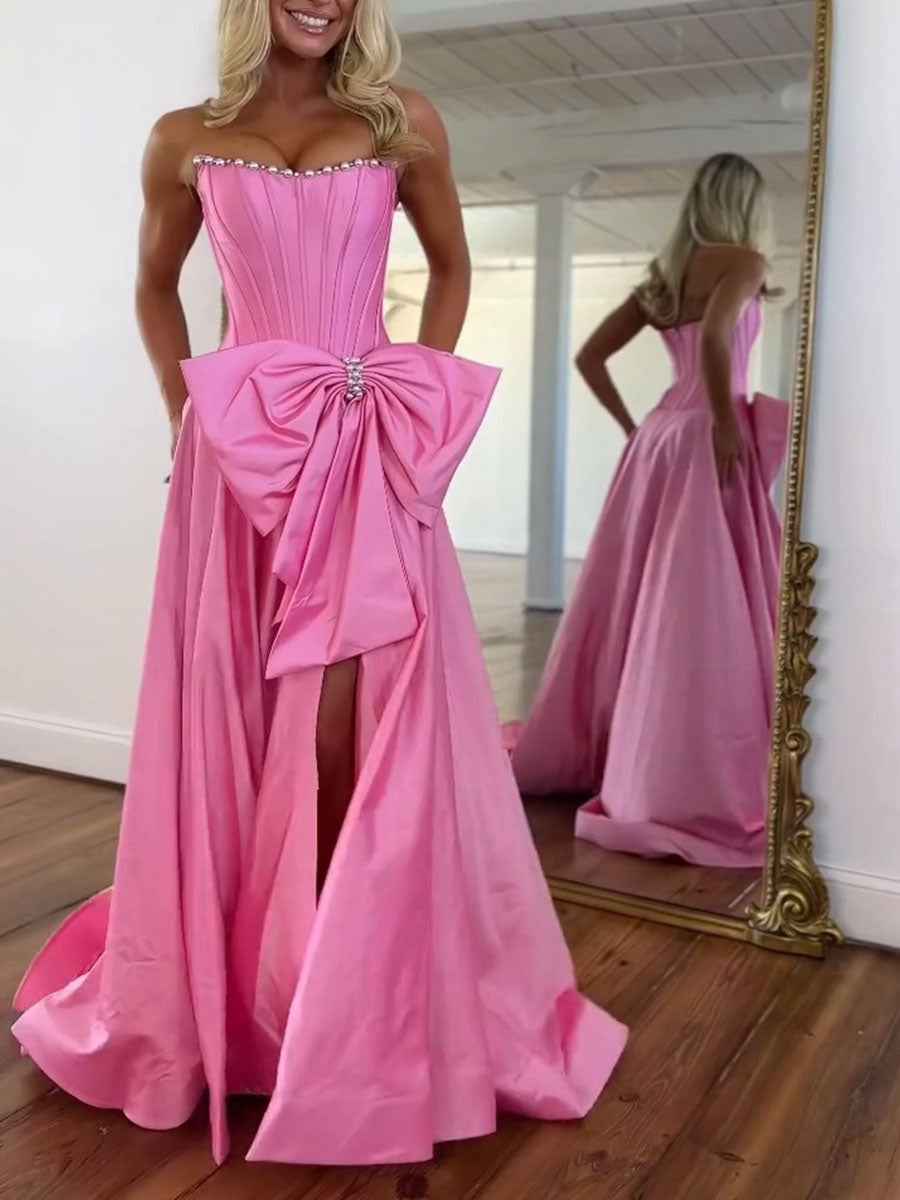 Pink Satin Strapless Pearl Neckline Corset Prom Dress with Bow