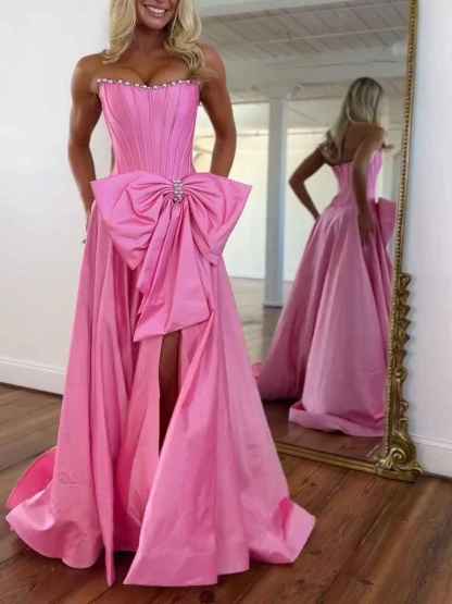 Pink Satin Strapless Pearl Neckline Corset Prom Dress with Bow