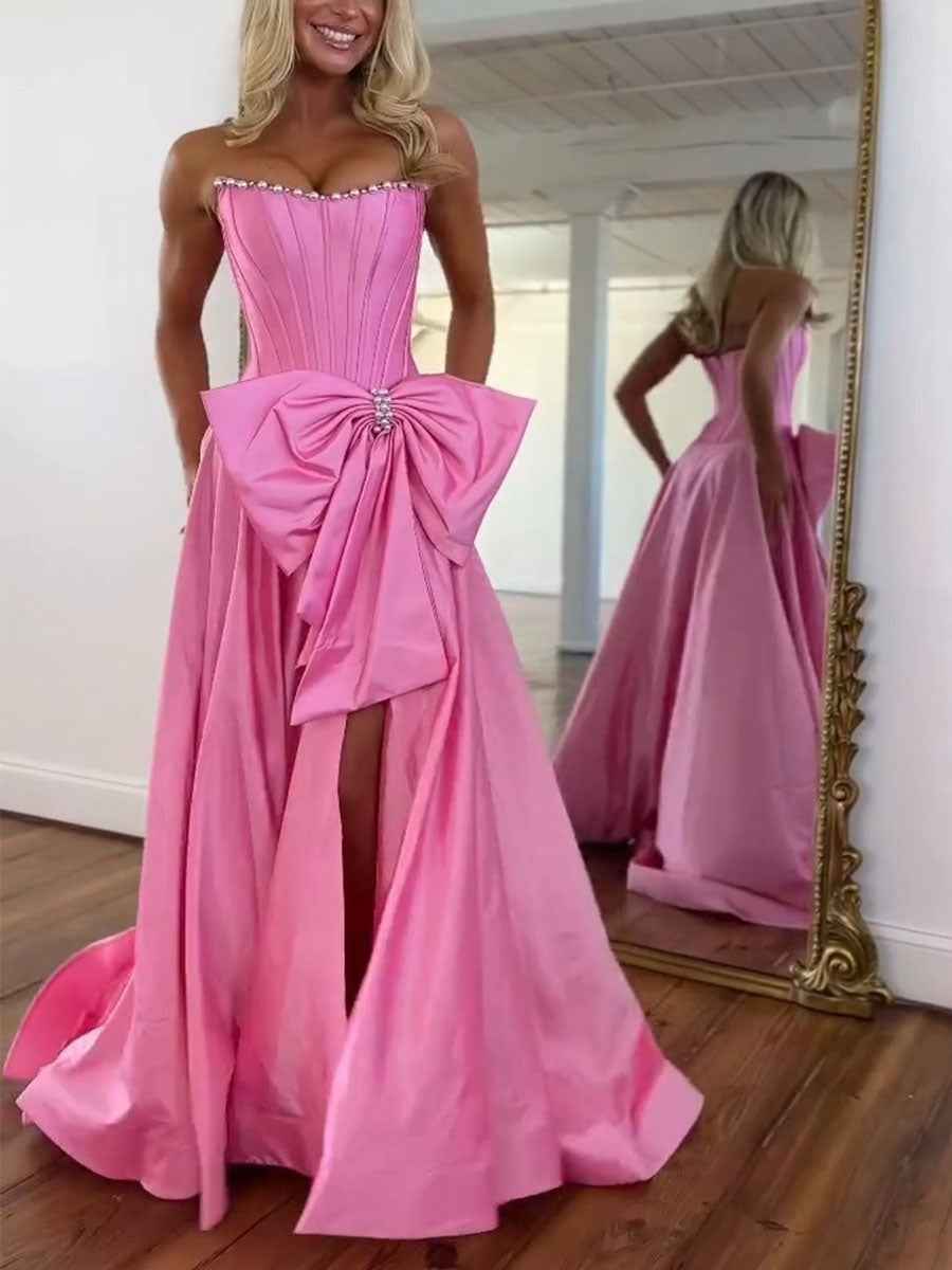 Pink Satin Strapless Pearl Neckline Corset Prom Dress with Bow