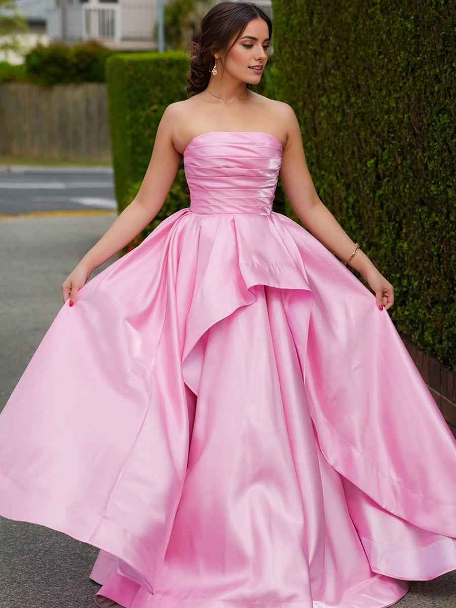 Pink Satin Strapless Ruched Bodice Asymmetrical Tiered Prom Dress