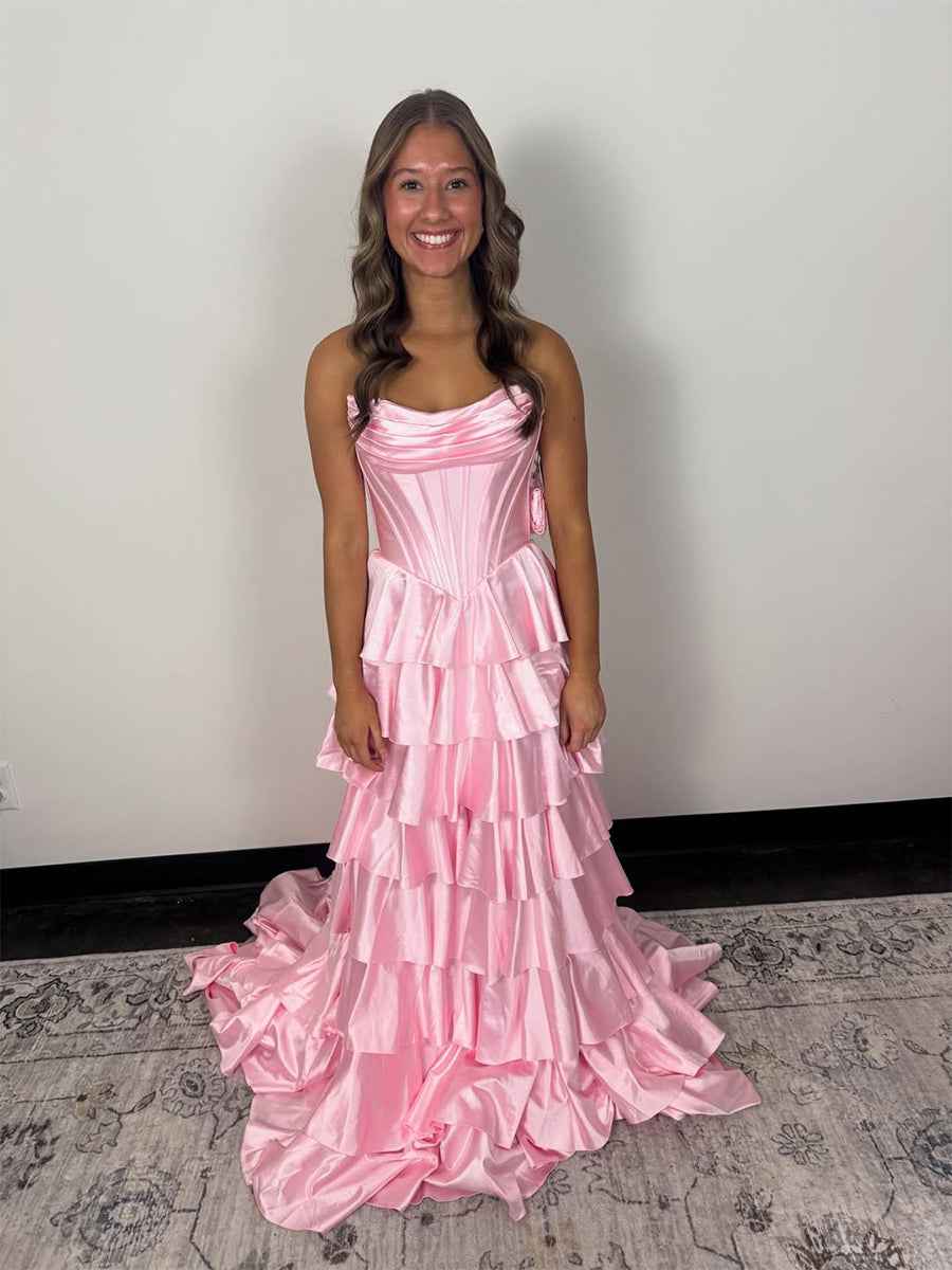 Pink Satin Strapless Tiered Ruffles Corset Prom Dress with Basque Waist